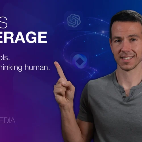 Featured image for blog post AI in Video Production - a man in a gray shirt points to text 'A.I. AS LEVERAGE'.
