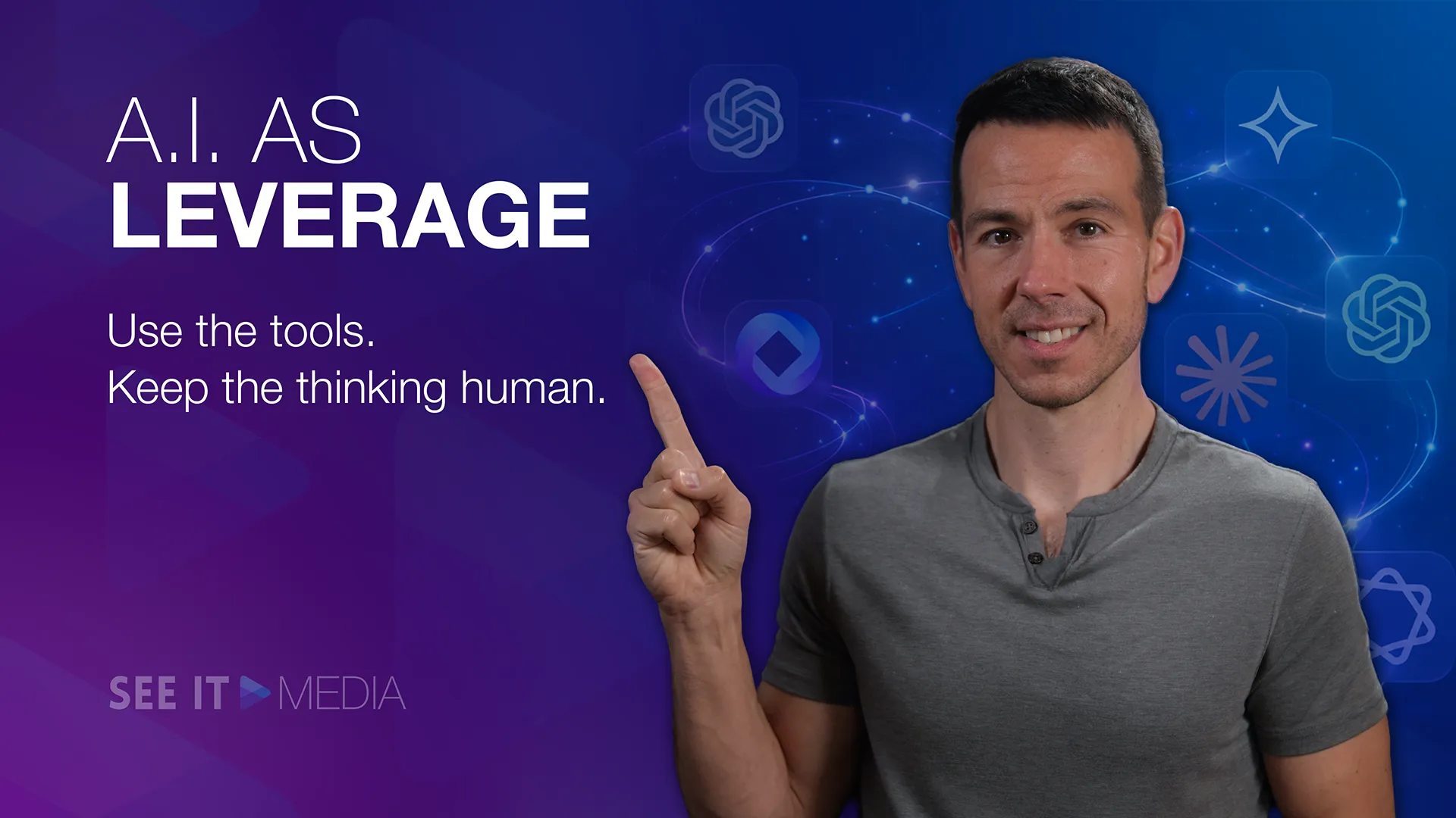 Featured image for blog post AI in Video Production - a man in a gray shirt points to text 'A.I. AS LEVERAGE'.