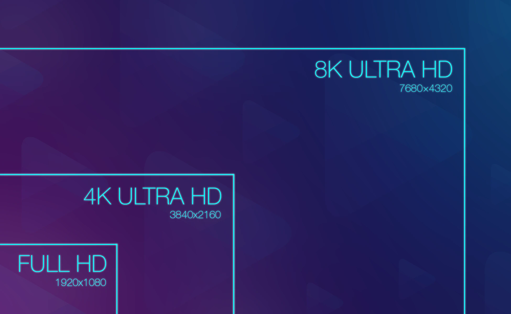 Neon-outlined panels listing video resolutions: 8K Ultra HD, 4K Ultra HD, and Full HD with their pixel counts (7680×4320, 3840×2160, 1920×1080).
